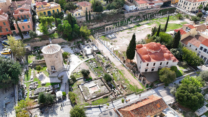 Aerial drone photo of iconic Roman Market featuring tower of Winds and Gate of Athena in the heart...