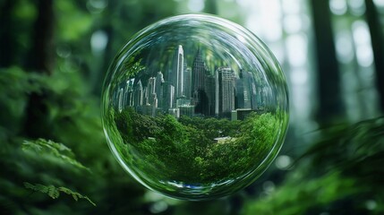 Bright green cityscape inside transparent sphere surrounded by lush forest, symbolizing urban nature harmony and environmental protection in surreal setting
