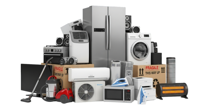 Arrangement of various household appliances like oven, fridge, washing machine and other appliances.