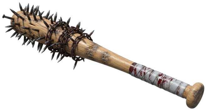 A weathered baseball bat, brutally modified with protruding spikes and rusty chain, evokes violence.