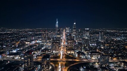 Aerial view of a vibrant city skyline at night with illuminated buildings and bustling streets - Powered by Adobe