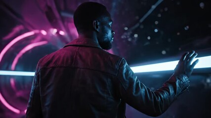 man in jacket grips railing under neon light. silhouette fills tunnel with hand resting on railing. cyberpunk technology scene with glowing arc and urban interior. led ring frames corridor arc. - Powered by Adobe