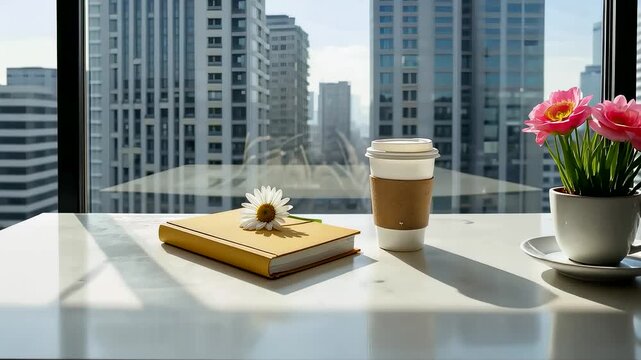 Open notebook with daisy bookmark beside coffee cup and pink flowers on desk overlooking city skyline