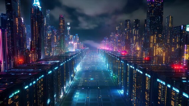 Neon mega-city stretches into the night as luminous grids and towers pulse like circuits, evoking data centers and cyberpunk vibes; striking technology backdrop for fintech, gaming intros and sci‑fi