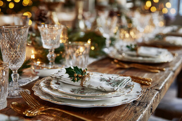 Luxurious Christmas Table with Holly Decorated Folded Napkin on Scalloped Edge China Plates Gold Flatware