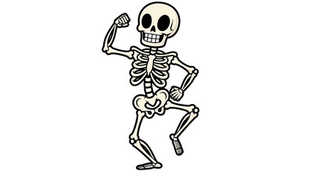 A cartoon skeleton dances with a wide grin and lively pose, evoking a joyful and humorous mood.