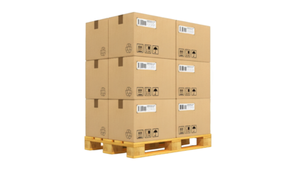 Stacked cardboard boxes on a wooden pallet, ready for shipping and supply chain logistics use.