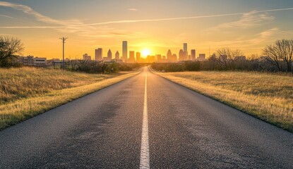 Obraz premium Scenic Road Leading to a Modern City Skyline Silhouette at Vibrant Golden Hour Sunset, Conveying Journey and Destination