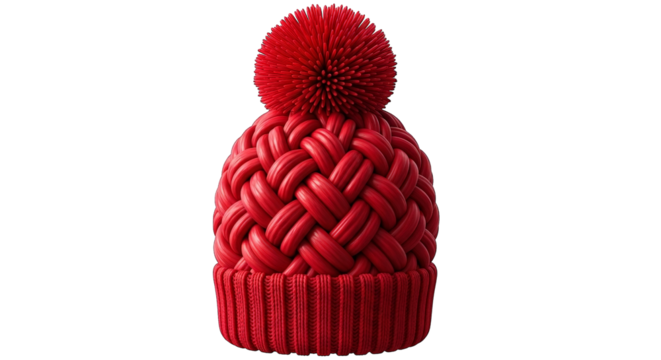 A vibrant red winter hat with a pompom is isolated, showcasing knitted texture and pattern details.