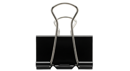 Close-up of a shiny black binder clip with silver wire against a stark background, showing detail.