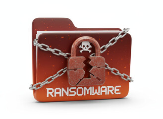 Threat detection 3d icon shows ransomware folder locked with chain and skull warning