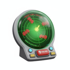Threat detection 3d icon radar screen with alert engage button, tense and futuristic