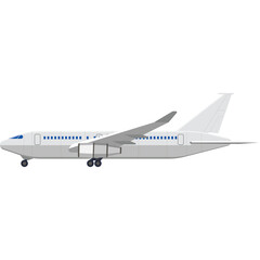 A White Commercial Airplane With Blue Windows And Landing Gear In A Side Profile View Against A Transparent Background