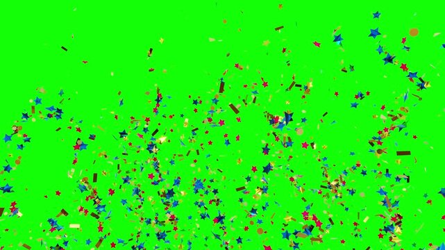 Colorful fireworks of colored confetti explodes on a green background, animation of the explosion and fall of confetti in 4K format, 3D animation frames, confetti bomb effect from the inside