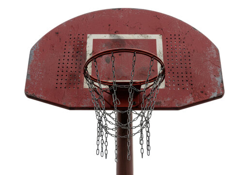 Isolated basketball hoop with a chain net, a rusty backboard on a pole, in outdoor setting - Powered by Adobe