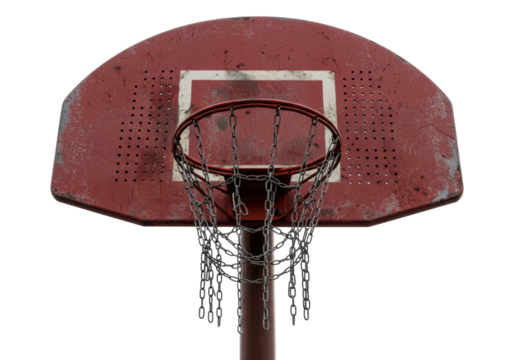Isolated basketball hoop with a chain net, a rusty backboard on a pole, in outdoor setting