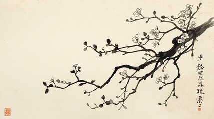 Obraz premium Serene ink painting captures delicate plum blossoms unfurling on a branch, evoking tranquility and the beauty of nature's renewal.