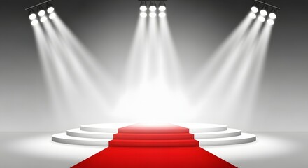 Fototapeta premium Illuminated stage podium with red carpet and spotlights on white background