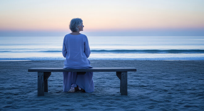 Senior woman sitting on a wooden bench on a sandy beach, looking at the ocean during sunset - Powered by Adobe