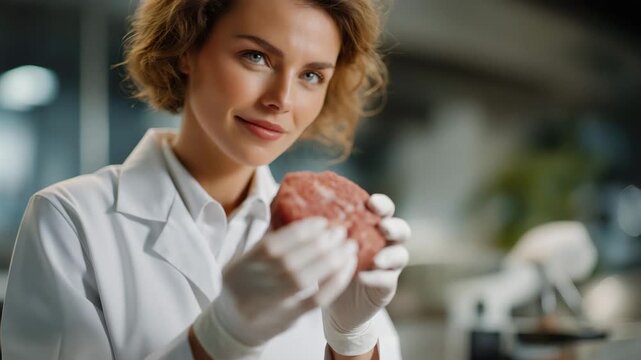 Food scientist testing flavor profile of cultured meat prototype using analytical sensors, emotion of curiosity visible, symbolizing food science, biotechnology, and ethical food innovation.