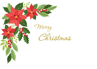 Winter flower arrangement. Winter decorative corner with poinsettia, holly and red berry.