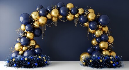 Arch of blue and gold balloons for a party or celebration decoration