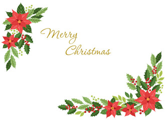 Winter flower arrangement. Winter decorative frame with poinsettia, holly and red berry.