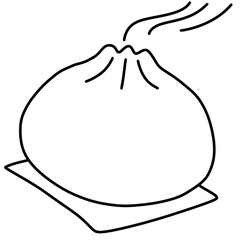 Black and White Line Art of a Steaming Chinese Bao Bun on a Wrapper