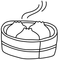 Black and White Line Art of Steamed Dumplings in Traditional Bamboo Basket