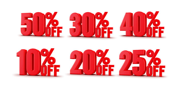 Bold red percentage sale labels ideal for retail promotions, seasonal discounts, and online store banners.