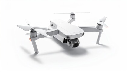 Sleek, white drone with propellers extended, hovering pose