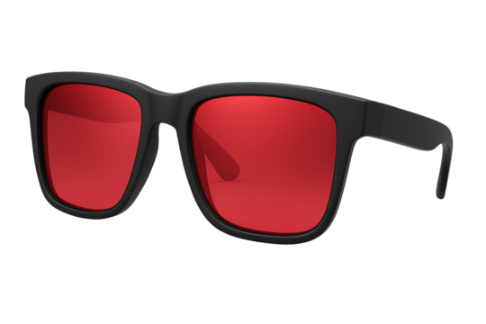 Sleek black sunglasses with red lens isolated on transparent background