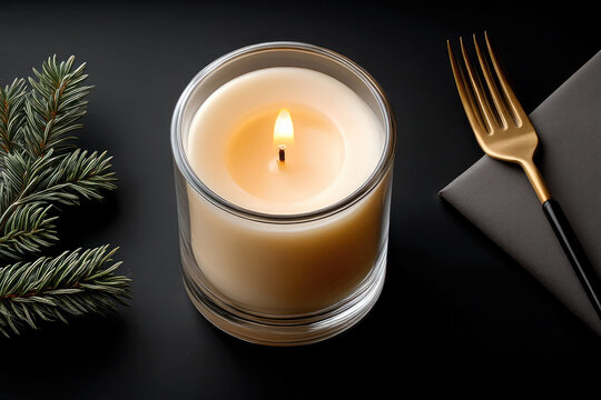 Glowing candle top view with soft flame, glass holder, pine branch, gold fork, black background, elegant mood - Powered by Adobe