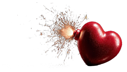 Red heart-shaped bomb with a lit fuse sparking against a dark background