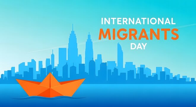 International migrants day with paper boat and city silhouette background