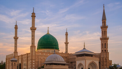 Fototapeta premium Majestic Mosque with Green Dome and Tall Minarets Against a Sunset Sky Islamic architecture