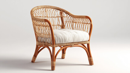 The rattan chair blends rustic and modern craftsmanship; its natural texture, warm tones, and comfortable design reflect both coziness and vintage charm in interiors.