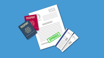 Animation with the concept of visa approval, passports, and two tickets. 4K