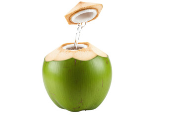 Obraz premium Isolated green young coconut with water pouring from cut piece, fresh tropical fruit