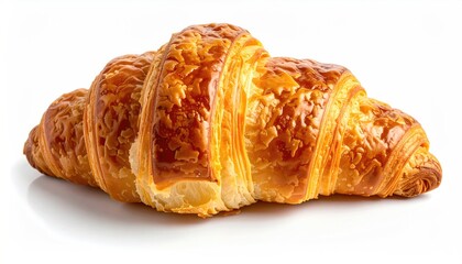 Buttery golden croissant with flaky layers, sitting on white