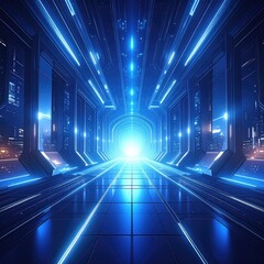 Glowing, blue tunnel extends into bright, futuristic distance