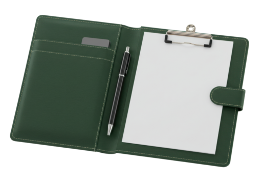 Isolated green leather organizer with pen and document clip, office supplies object