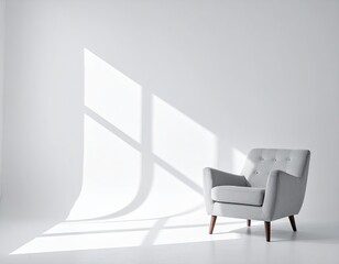 Gray armchair stands in a white room, light streams in