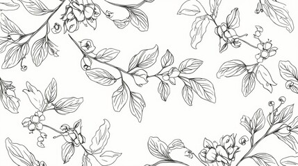 Elegant minimalist botanical line art pattern featuring delicate branches with leaves and berries creating a timeless organic design for sophisticated backgrounds