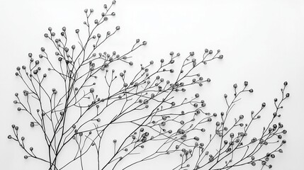 Obraz premium Delicate black branches with tiny dark buds gracefully spread across a clean white background, offering a minimalist, organic aesthetic for design.