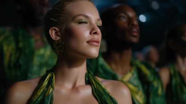 Green production line manufacturing compostable packaging with robotics, emotion of teamwork visible, symbolizing circular design, green industry, and modern eco-production. cinematic color