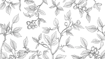 Fototapeta premium Delicate hand drawn blueberry branches with leaves and berries create a timeless botanical pattern perfect for elegant designs and natural aesthetics.