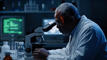 Scientist examines sample under microscope. Researcher performs experiment in laboratory. Careful analysis supports medical research and healthcare projects. Technology used for precise data records. - Powered by Adobe