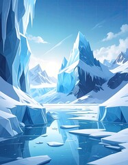 Frozen vista ice mountains, blue sky, and serene water