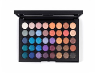 Palette of diverse, round eye shadows in tray